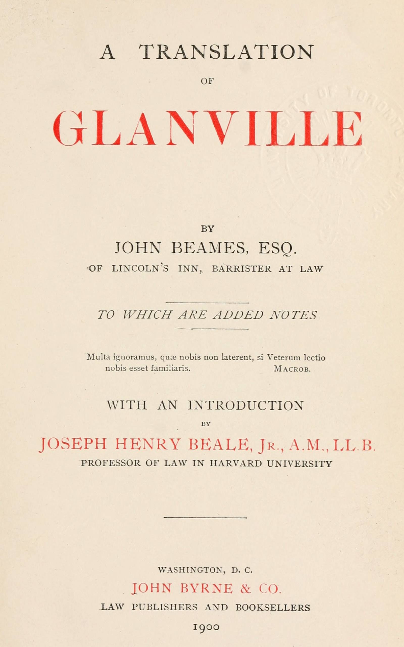 جلد کتاب A Translation of Glanville