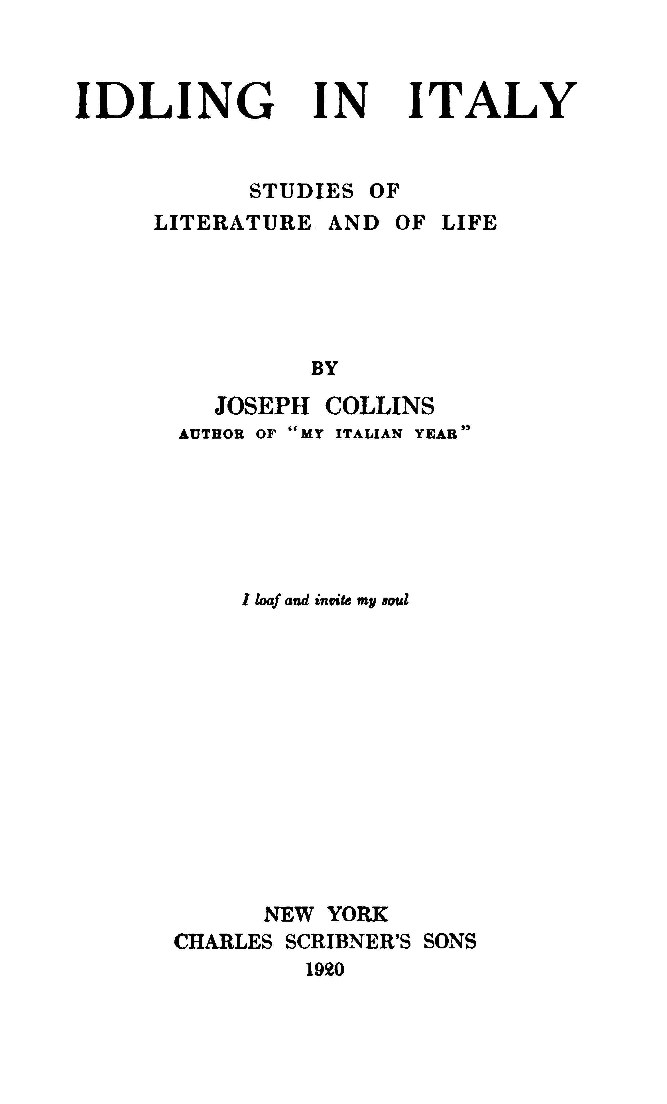 جلد کتاب Idling in Italy: Studies of literature and of life
