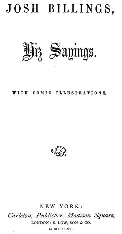 جلد کتاب Josh Billings, Hiz Sayings