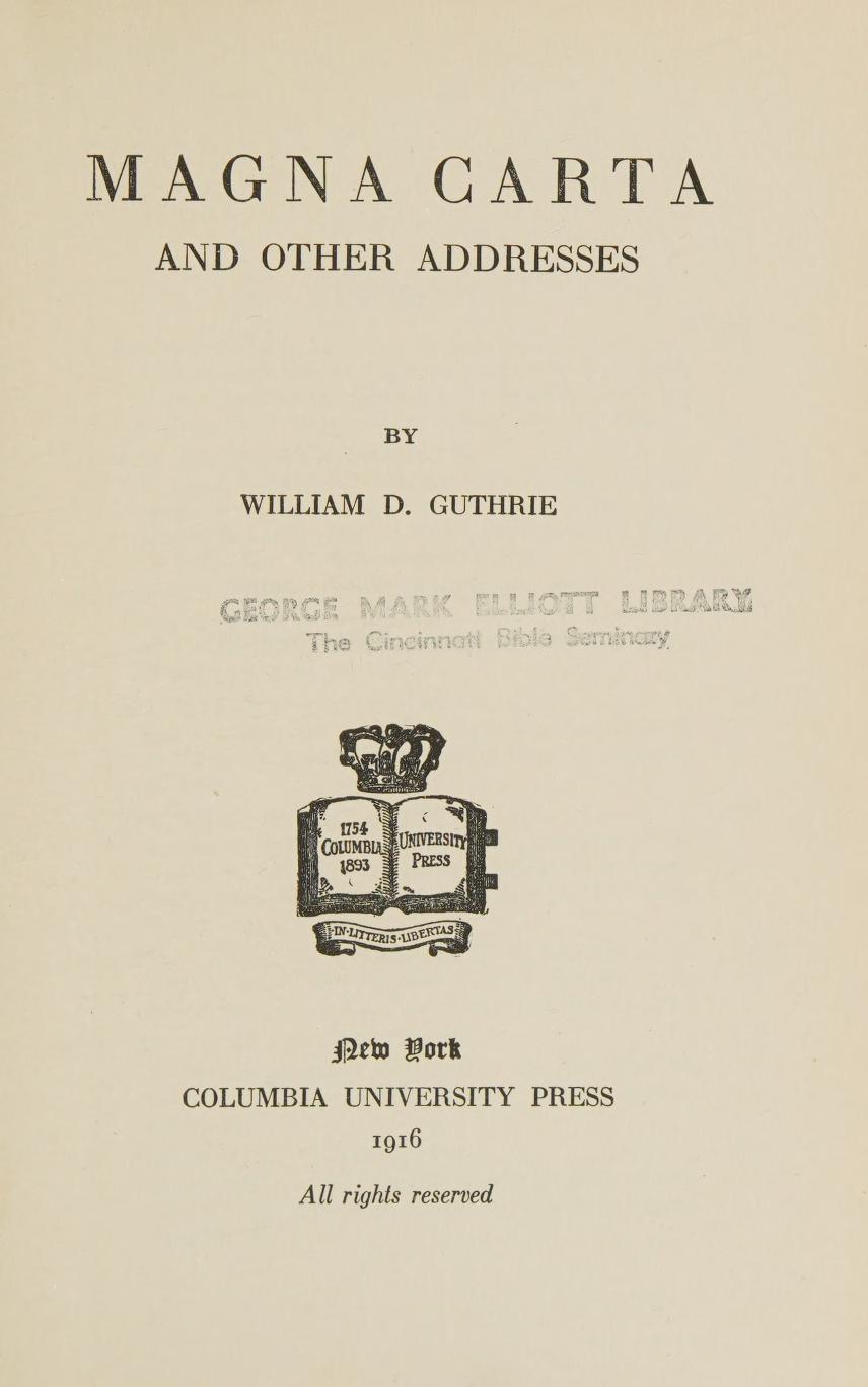 جلد کتاب Magna Carta, and Other Addresses