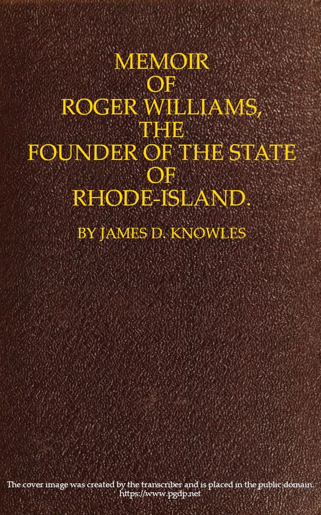 جلد کتاب Memoir of Roger Williams, the Founder of the State of Rhode-Island