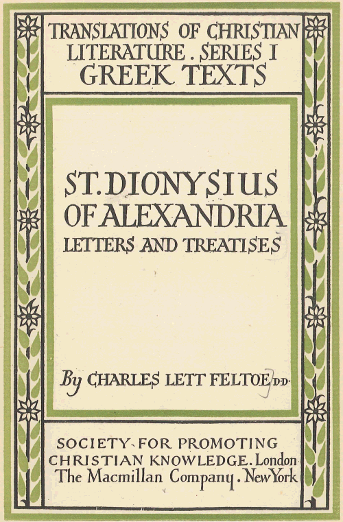 جلد کتاب St. Dionysius of Alexandria: Letters and Treatises