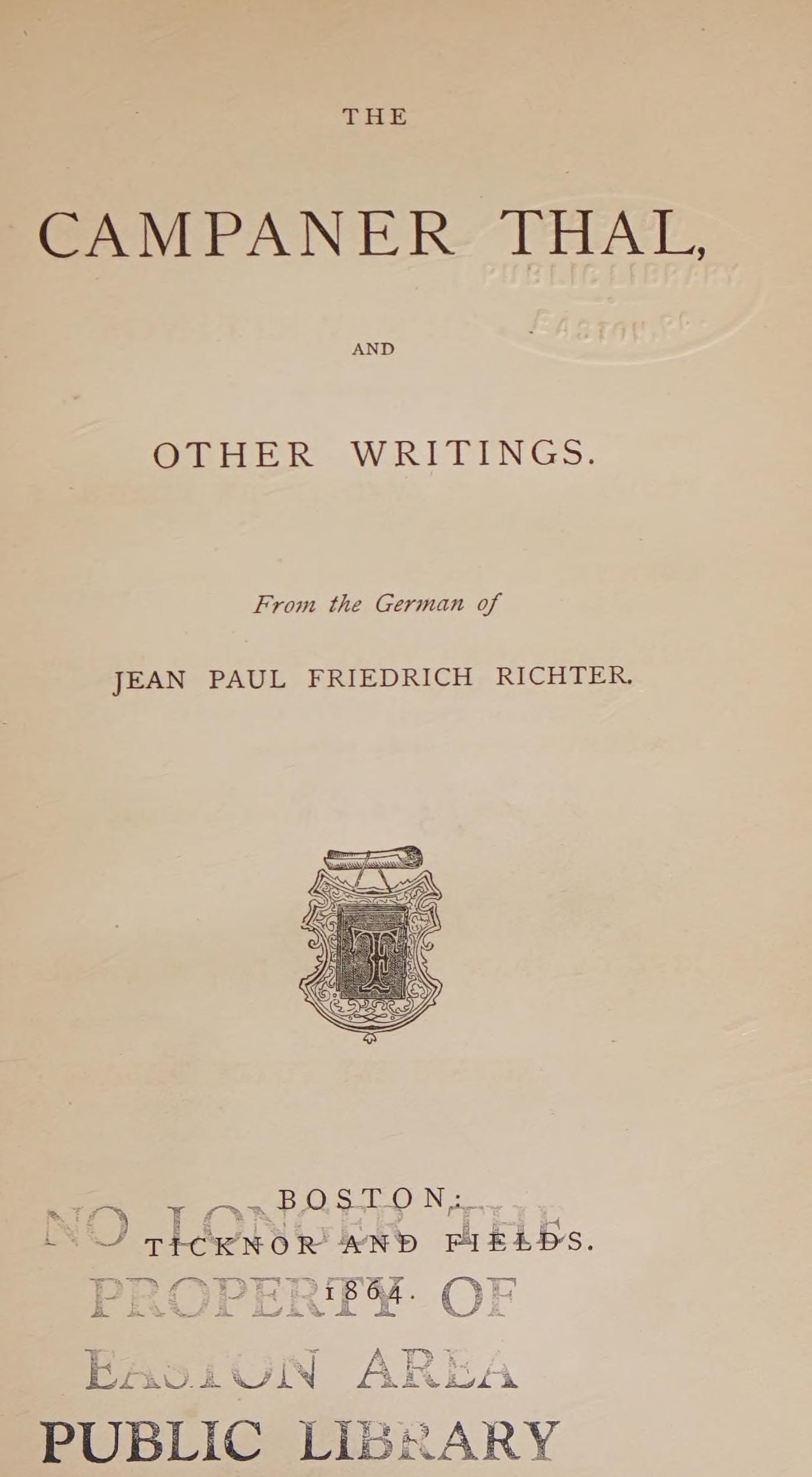 جلد کتاب The Campaner Thal, and Other Writings