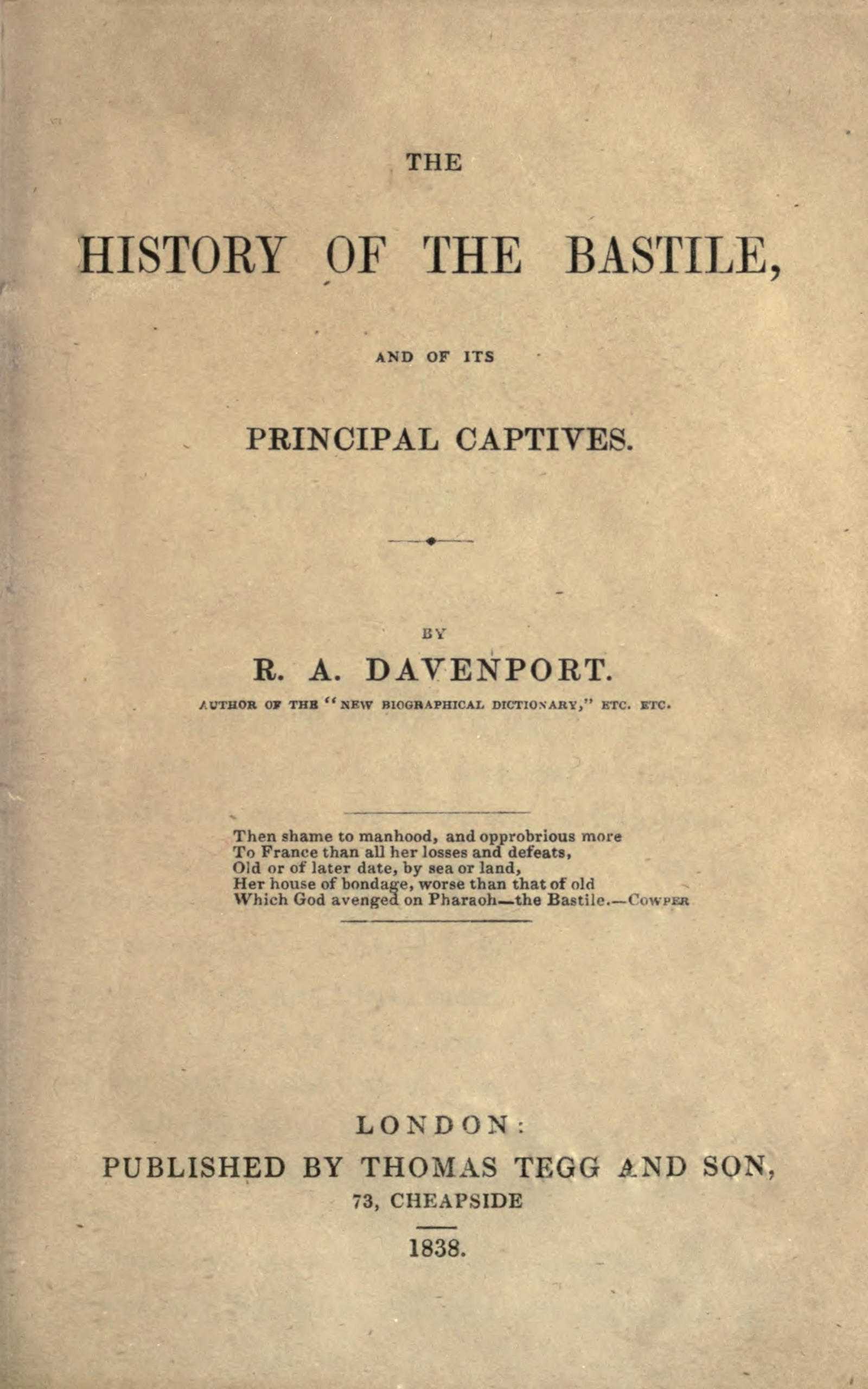 جلد کتاب The history of the Bastile, and of its principal captives