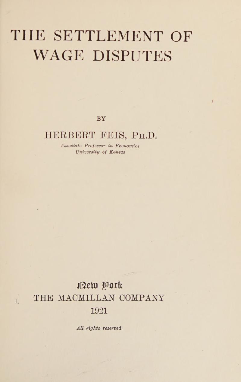 جلد کتاب The Settlement of Wage Disputes