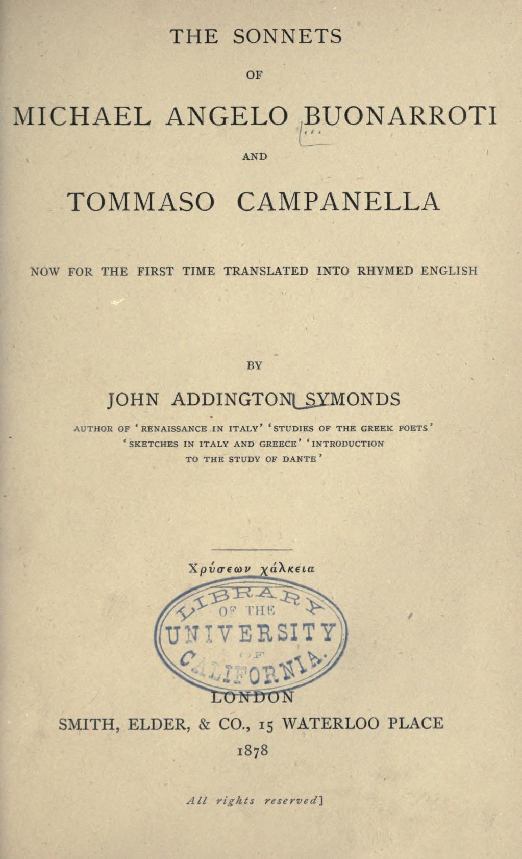 جلد کتاب The Sonnets of Michael Angelo Buonarroti and Tommaso Campanella
