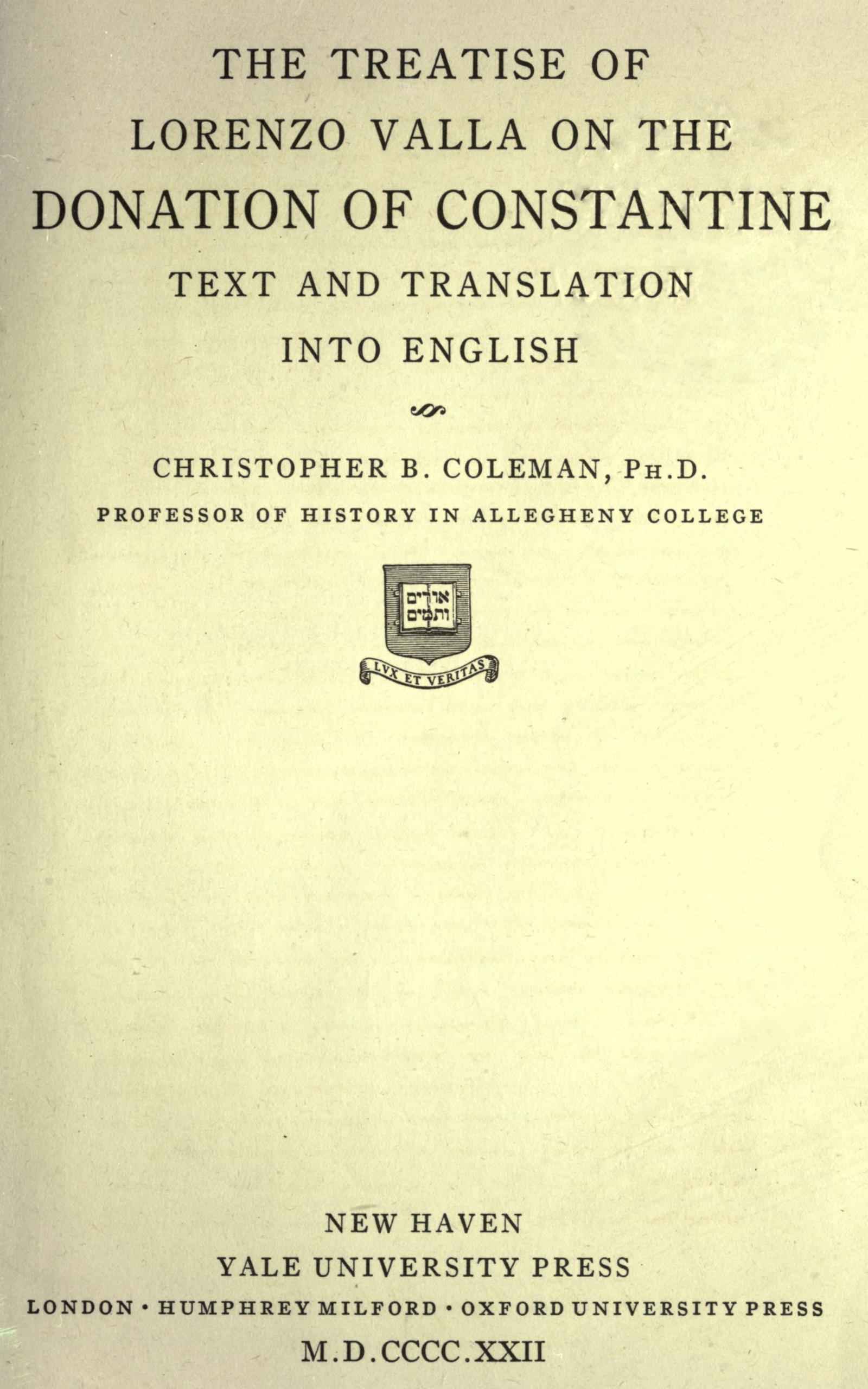 جلد کتاب The treatise of Lorenzo Valla on the Donation of Constantine